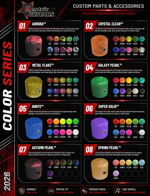 Premium handmade guitar parts chart with colorful resin knobs and descriptions from Xentric Guitars color series 2026.