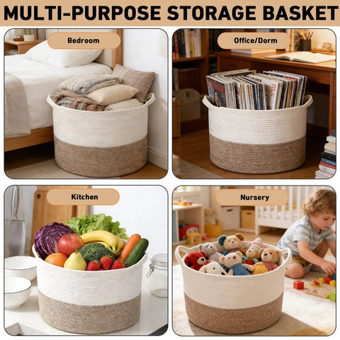 65L Large Woven Cotton Rope Laundry Basket With Reinforced Handles used in bedroom, office, kitchen, nursery
