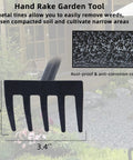Close-up of adjustable handle hand rake for weeding and tilling, showing 5 metal tines and rust-proof coating.