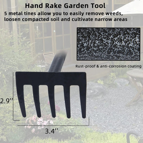 Close-up of adjustable handle hand rake for weeding and tilling, showing 5 metal tines and rust-proof coating.