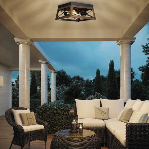 Outdoor view showcasing Industrial Flush Mount Ceiling Light With Two Metal Fixtures, Vintage Farmhouse Style, silver grey finish.