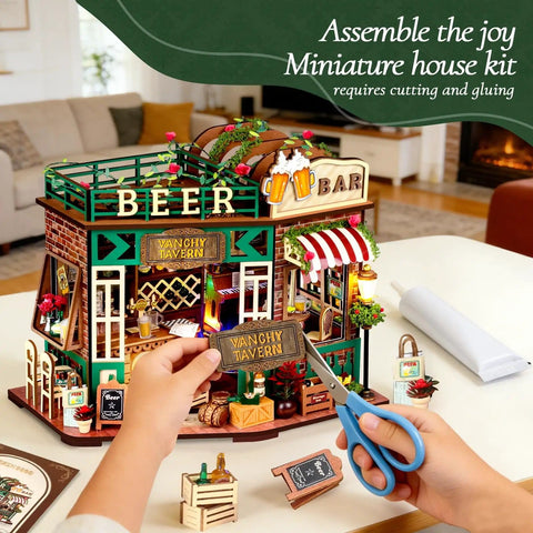 Hands assembling DIY Mini Beer Shop House Kit For Adults 3D Wooden Puzzle Tiny Home With Furnished Interior Book Shelf Decor Craft