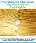 Top Shelf Water Based Clear Wood Grain Filler Gel before and after on wood, showcasing smooth finish on oak.