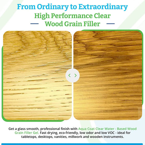 Top Shelf Water Based Clear Wood Grain Filler Gel before and after on wood, showcasing smooth finish on oak.