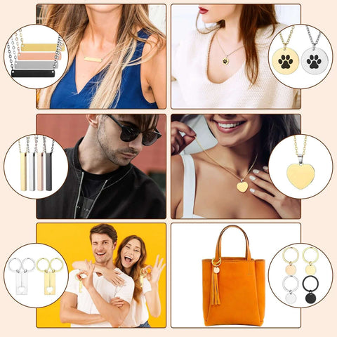 Laser engraving jewelry kit with 99 pieces: gold- and silver-tone pendants, necklaces and keychains with engraving paper.