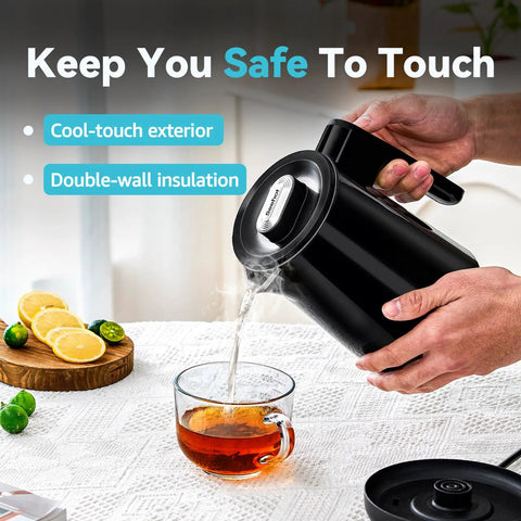 850Ml Small Electric Kettle With Temperature Control Your Quick Heat Buddy 800W Fast Boil Double Wall 304 Stainless Steel Five Temperature Presets Auto Shut Off Safe For Tea And Coffee Compact Kitchen Office Dorm Black being used to pour hot water into a cup of tea on a kitchen counter.