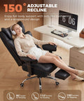 Woman reclines in Big And Tall Ergonomic Office Chair With Deluxe Embossed Leather Upholstery Foot Rest And Wide Seat For Gaming and Work.