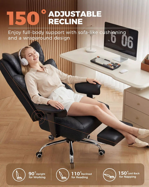 Woman reclines in Big And Tall Ergonomic Office Chair With Deluxe Embossed Leather Upholstery Foot Rest And Wide Seat For Gaming and Work.