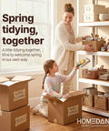 Mother and daughter organizing items with cardboard boxes and a shelving unit during spring cleaning.