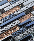 Interlocking Metallic Glass Tile Mosaic In Rose Gold Silver And Ink Blue For Kitchen Backsplash Bathroom Walls Fireplace Surrounds And Accent Decor 12x12 Inch Mesh Backed Sheets For Easy Install 6 Sq Ft Coverage Sleek Dope Modern Look close-up view