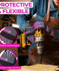 Breathable Women Gardening Gloves For Work And Yard Maintenance with spandex back and touchscreen, used by a woman drilling wood.