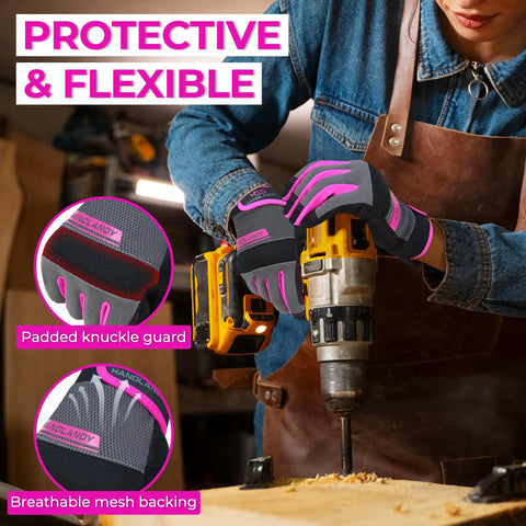 Breathable Women Gardening Gloves For Work And Yard Maintenance with spandex back and touchscreen, used by a woman drilling wood.