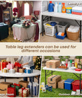 Four Pack Legit Heavy Duty Table Leg Extenders adjustable risers displayed in various uses for booths, laundry, storage, and outdoor activities.