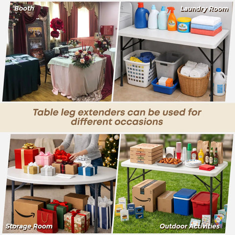 Four Pack Legit Heavy Duty Table Leg Extenders adjustable risers displayed in various uses for booths, laundry, storage, and outdoor activities.