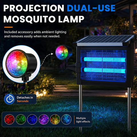 Outdoor Solar Bug Zapper 4500V Electric Mosquito Killer IP66 Waterproof Cordless with Projection Light for patio at night