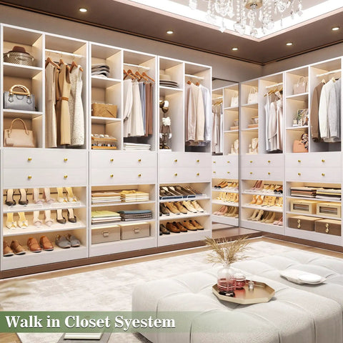 Big League White Closet Organizer System With Eight Deep Drawers And Triple Layer Shoe Rack Knocks It Out As A Hella Spacious Free Standing Tower Rack For Walk In Rooms And Large Bedrooms in a stylish walk-in closet.