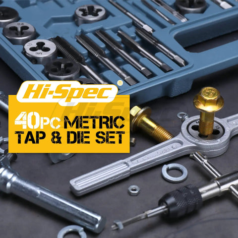 39-Piece Metric Tap and Die Set For Diyers M3 To M12 Thread Tapping and Threading Kit with Wrench and Pitch Gauge on table