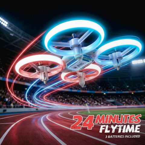 Easy To Fly RC Drone For Kids And Adults With 3 Batteries And 24 Minute Flight Time hovering indoors with LED lights