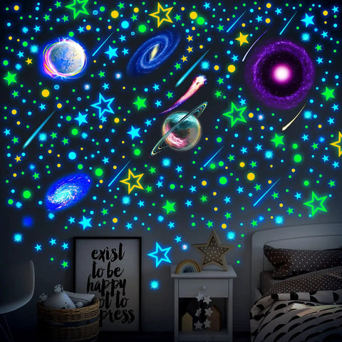 495 Piece Glow In The Dark Moon And Star Wall Decals For Ceiling And Walls Removable Galaxy Planets Space Stickers