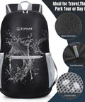 Ultra Lightweight 20L Packable Hiking Backpack For Men And Women, water-resistant black daypack with water splash design.