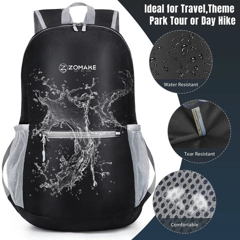 Ultra Lightweight 20L Packable Hiking Backpack For Men And Women, water-resistant black daypack with water splash design.