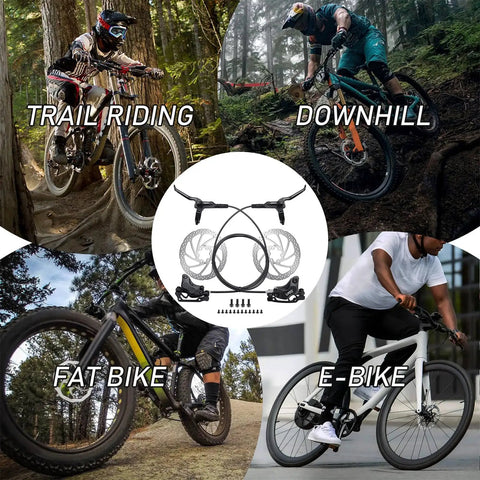 Bikers in varied terrains with four piston hydraulic disc brake kit for mountain bikes and e bikes with 160mm rotors.