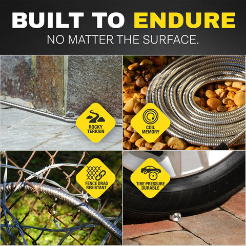 Front view of BIONIC STEEL 10 ft garden hose extension, 5/8 in, stainless steel coil, flexible and leak-proof