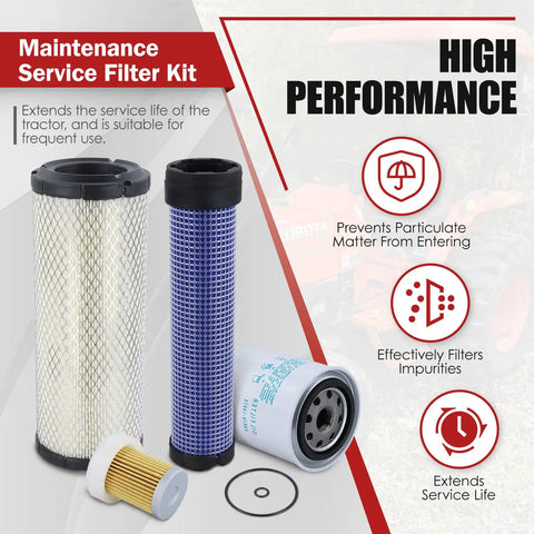 Beefed Up All In One Maintenance Filter Kit For Kubota L Series Tractors L2800 L3200 L3400 L3700SU L3800 HST shown with filters