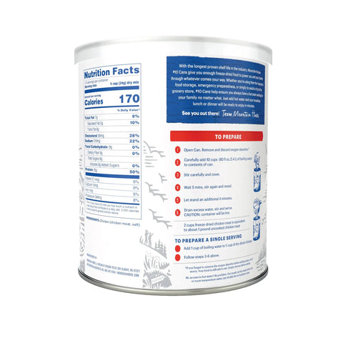 Back label of Freeze Dried Diced Chicken For Survival Meals In A 10 Can Gluten Free 14 Servings Just Add Water And Ready In Under 10 Minutes