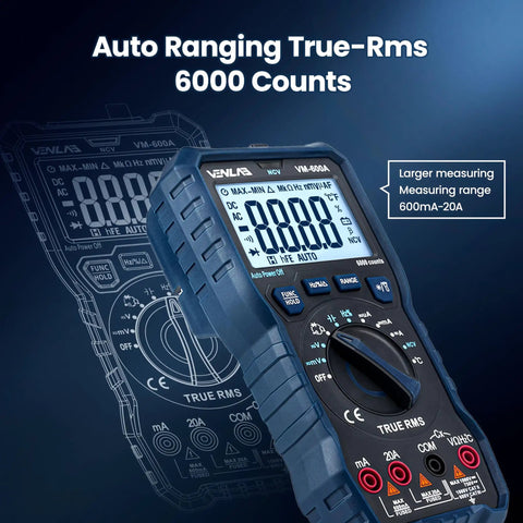 TRMS Digital Multimeter With NCV Auto Ranging VM600A showing display and control dial