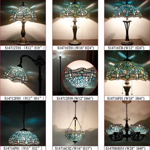Sea Blue Tiffany Stained Glass Dragonfly Ceiling Light Fixture semi-flush mount with antique green bronze finish, multiple designs