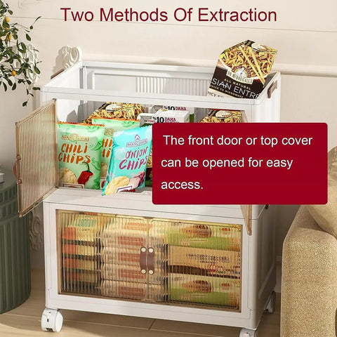 Top Shelf Clear Lidded Storage Bins 19 5 Gallon No Sweat Foldable Crates For Dorm Closet And Car Organization Heavy Duty Collapsible Containers Easy Stack 3 Pack Set with snacks inside, showing dual access options.
