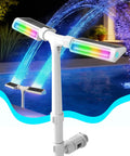 Solar Pool Fountain With Ten Color LED Lights And Four Lighting Modes, Dual Spray Waterfall Sprinkler near pool at night