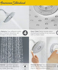 Spectra ETouch 4 Function Shower Head With Wall Mounted Remote 2.5 GPM Brushed Nickel Finish Easy One Touch Spray Change Four Customizable Modes For A Next Level Spa Shower At Home with close-up of spray patterns showcasing Drench, Sensitive, Jet, and Massage options and remote control usage