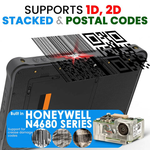Built Different 10.1 Inch Rugged Tablet With High Speed Barcode Scanner showing barcode scanning features and Honeywell N4680 series.