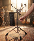 Killer Double Braced Snare Drum Stand With Stick Sleeve, hands adjusting height from 16 to 22 inches, heavy rubber tripod.