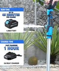 Cordless Stick Water Pump Moves 720 GPH With No Sweat, Delivers 32 Ft Lift Power, Includes 4000mAh 21V Battery And Fast Charger, 3/4 Inch Connection, Solid Choice For Vacuuming Pools, Spas, And Yachts On-site, Toss The Extension Cord And Go. Image showing pump, battery and charger specs.