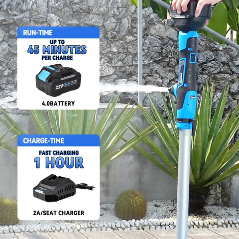 Cordless Stick Water Pump Moves 720 GPH With No Sweat, Delivers 32 Ft Lift Power, Includes 4000mAh 21V Battery And Fast Charger, 3/4 Inch Connection, Solid Choice For Vacuuming Pools, Spas, And Yachts On-site, Toss The Extension Cord And Go. Image showing pump, battery and charger specs.