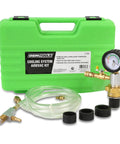 Premium Coolant System Refiller Kit With Three Universal Adapters includes vacuum gauge, clear hose, and black adapters in green case.