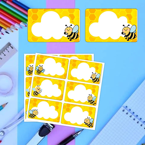 Bee Name Tag Stickers Pack 180 Pcs 2x3 Inch Self Adhesive Honeycomb themed labels on blue background with stationery