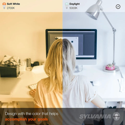 Comparison of office lighting with soft white 2700K vs daylight 5000K, illustrating workspace impact on productivity.