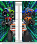 Monster Truck Curtain Set For Boys Bedroom Cartoon 3D Green Light Graffiti 4x4 Flame Buggy Car Window Drapes Totally Kid Friendly Nursery Living Room Decor 42x45 Inches No Blackout Style shows colorful monster trucks on curtains.