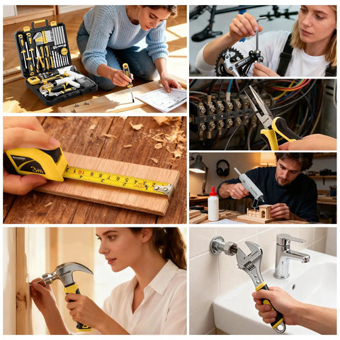 188 Piece Home Tool Kit With Cordless Drill Power Set for DIY fans displayed in use for various home projects.