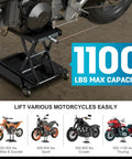 Heavy Duty 1100 Lbs Motorcycle Lift Stand With Dolly And Wide Anti Slip Deck Scissor Lift Jack For Cruisers Street Bikes ATVs And Motorcycles With J Crank Handle And Drill Compatible Socket A Real Workhorse demonstrating lifting capacity