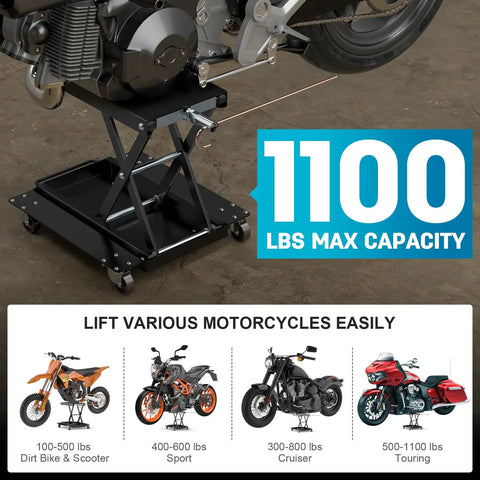Heavy Duty 1100 Lbs Motorcycle Lift Stand With Dolly And Wide Anti Slip Deck Scissor Lift Jack For Cruisers Street Bikes ATVs And Motorcycles With J Crank Handle And Drill Compatible Socket A Real Workhorse demonstrating lifting capacity