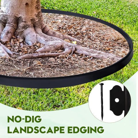 Landscape Edging Kit 33 Foot Roll 4 Inch Plastic Garden Edging With 100 Spikes shown bordering tree roots on lawn