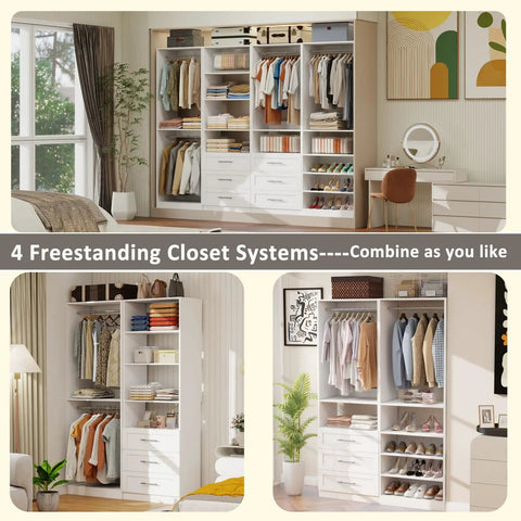 Slick Modular Closet System That Gives Your Bedroom A Major Wardrobe Flex Featuring Six Mega Drawers Eight Stretch Hanging Rods And Adjustable Shelving Towers White Four Piece Kit in a bright bedroom setting.