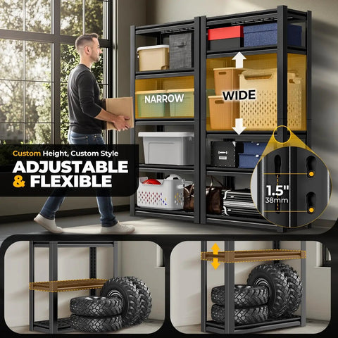 Heavy Duty 5 Tier Garage Shelving Unit 72 Inch High Adjustable Metal Rack For Tools And Gear Pro DIY Storage, black steel shelving with adjustable shelves