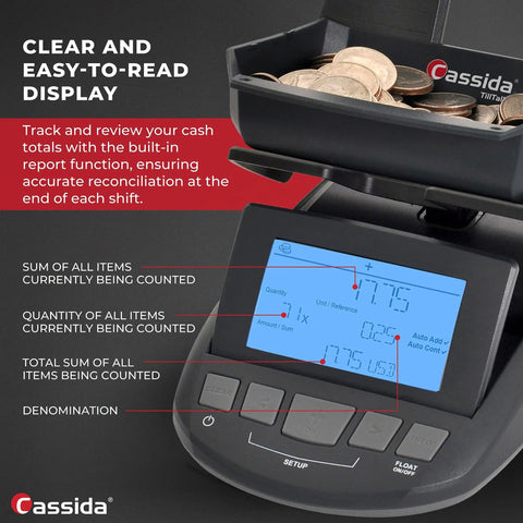 Pro Grade Money Counting Scale and Bill Counter for Fast Cash Drawer Tally, showing coin tray and LCD display with controls.