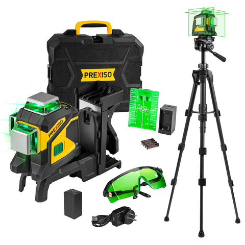 Pro Grade Three Plane Laser Level With 3 X 360 Degree Beams Self Leveling 100 Ft Green Laser 47 In Tripod and accessories